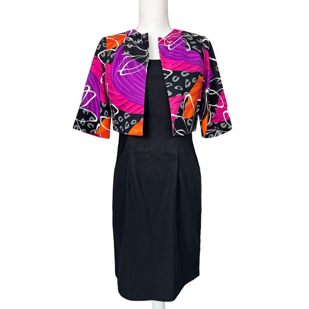 AGB Petite 2-Piece Black Sheath Dress With Vibrant Abstract Print Bolero Jacket